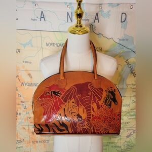 Vintage Hand Tooled Animal Print Tan Leather Tote Bag Purse